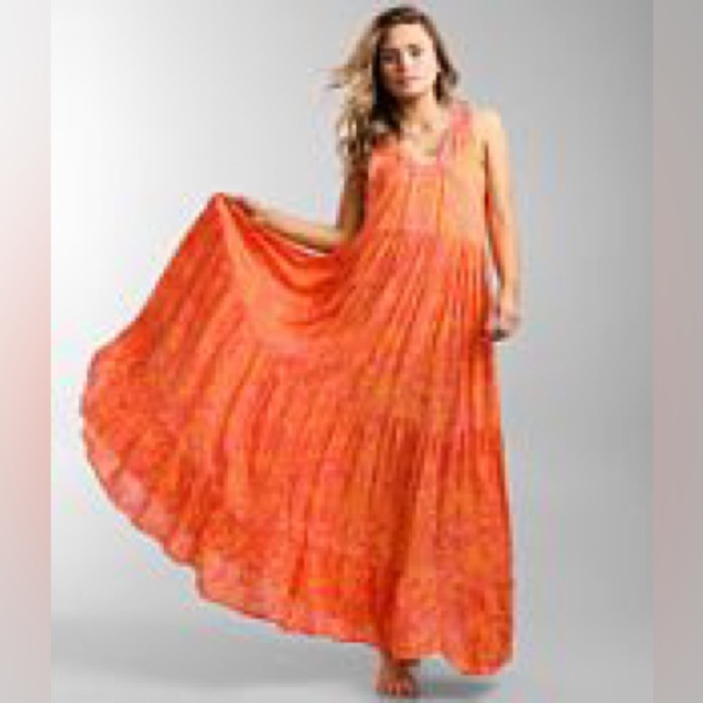 Free People Tiers For You Floral Maxi Dress Orange & Pink Crochet Medium Flowy